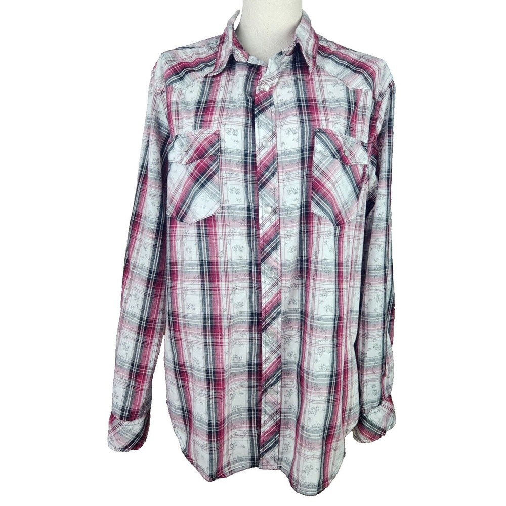 Helix Womens Shirt XL Black Red Plaid Athletic Fit Roll Tab Sleeve Pearl Snap